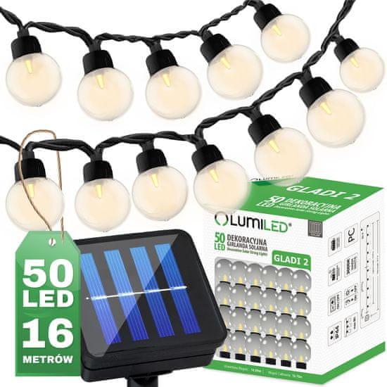 LUMILED Solarna vrtna svetilka LED svetlobna veriga 16,70m GIRLANDA GLADI 2 s 50x LED dekorativne kroglice 3000K Toplo bela