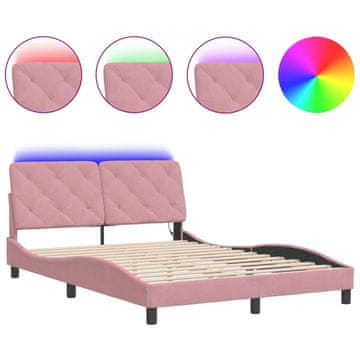 Vidaxl Posteljni okvir z LED brez vzmetnice roza 140x190 cm žamet