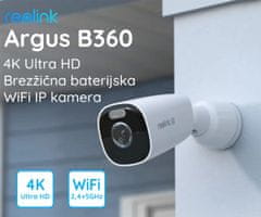 Reolink ARGUS B360 IP kamera, 4K 8MP, Dual WiFi, baterija, barvno nočno snemanje, IP66