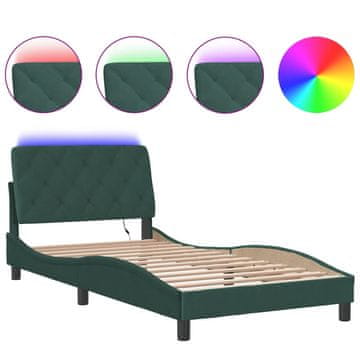 Vidaxl Posteljni okvir z LED brez vzmetnice temno zelen 100x200 cm žamet