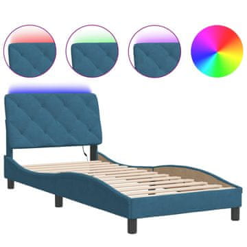 Vidaxl Posteljni okvir z LED brez vzmetnice moder 90x200 cm žamet