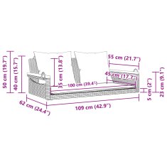 Vidaxl Gugalna klop z blazinami črna 109x62x40 cm poli ratan