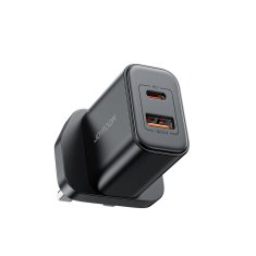 Joyroom UK FlashSeries USB-A USB-C 20W Angleški omrežni polnilec črne barve