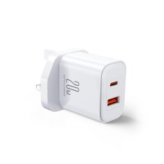 Joyroom UK FlashSeries USB-A USB-C 20W Angleški omrežni polnilec z vtičem bela