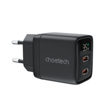 Choetech Majhen, zmogljiv omrežni polnilnik GaN 2x USB-C PD 35 W z zaslonom, črn
