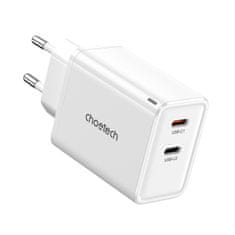 Choetech GaN 2x USB-C PD 65W omrežni polnilec bele barve