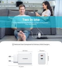 Choetech GaN omrežni polnilnik 2x USB-C PD 65W bel