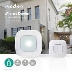 Nedis Set brezžičnih zvoncev | Omrežno napajanje | 220 - 240 V AC 50 Hz | 1x CR2032 | Glasnost: 80 dB | Domet signala: 300 m | IP44 | Nastavljiva glasnost | 36 melodij | 1 Sprejemnik | Bela 