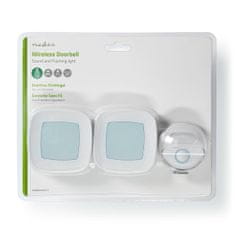 Nedis Set brezžičnih zvoncev | Omrežno napajanje | 220 - 240 V AC 50 Hz | 1x CR2032 | Glasnost: 80 dB | Domet signala: 300 m | IP44 | Nastavljiva glasnost | 36 melodij | 2 Sprejemnika | Bela 