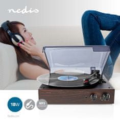 Nedis Gramofon | 33 / 45 / 78 obratov na minuto | Jermenski pogon | 1x stereo RCA | 18 W | Vgrajen (pred)ojačevalnik | MP3 pretvorba | ABS / MDF | rjav 