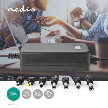 Nedis Univerzalni nätadapter | 36 W | 5 - 24 V DC | 1,80 m | 2,4 A - 3,0 A | 7 vtičev | Svart
