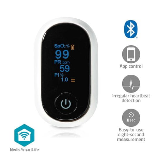 Nedis Merilnik kisika SmartLife | Bluetooth | Zaslon OLED | Zvočni alarm / Indeks perfuzije / Hitrost utripa / Visoko natančen senzor / Motnje gibanja / Nasičenost s kisikom (SpO2) | Bela