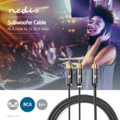 Nedis subwoofer kabel | RCA moški | 2x RCA moški | Pozlačeno | 3,00 m | Okrogla | 4,5 mm | Siva / siva s kovino | Kartonska škatla s pokritim oknom 