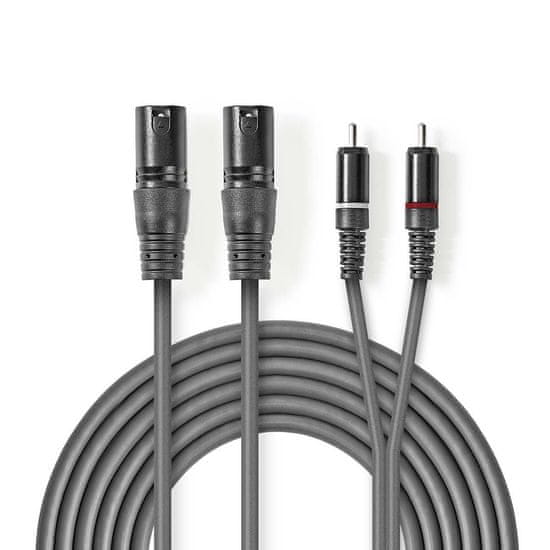 Nedis Uravnotežen zvočni kabel | 2x XLR 3-polni moški | 2x RCA moški | Ponikljano | 3,00 m | Okrogla | PVC | Temno siva | Kartonski ovoj