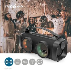 Nedis Bluetooth Party Boombox | 5 timer | 2.0 | 24 W | Medieafspilning: AUX / USB | Kan parres | Bærehåndtag | Fest lys | Sort 