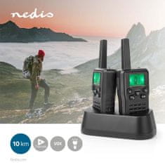 Nedis Set Walkie Talkie | 2 slušalki | Do 10 km | Frekvenčni kanali: 8 | PTT/VOX | Do 6 ur | Vključena polnilna baza | Priključek za slušalke | Črna 