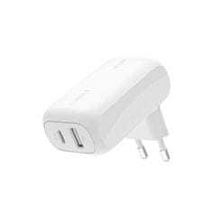 Belkin BOOST CHARGE Dvojni 42W USB-C Power Delivery PPS stenski polnilnik (USB-C 30W + USB-A 12W), bel
