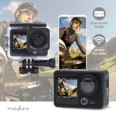 Nedis Action Cam | Dual Screen | 1080p@30fps | 12 MPixel | Waterproof up to: 30.0 m | 70 min | Wi-Fi | App available for: Android / IOS | Mounts included | Black 