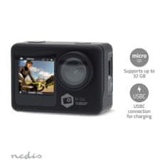 Nedis Action Cam | Dual Screen | 1080p@30fps | 12 MPixel | Waterproof up to: 30.0 m | 70 min | Wi-Fi | App available for: Android / IOS | Mounts included | Black 