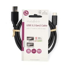 Nedis USB kabel | USB 3.2 Gen 2 | USB-A moški | USB-C moški | 60 W | 10 Gbps | Ponikljano | 1,00 m | Okrogla | PVC | Črna | Oznaka 