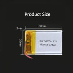YUNIQUE GREEN-CLEAN Litijeva baterija 3,7V 250mAh model 502030 | Z zaščitnim vezjem | Polnilna, združljiva z Bluetooth slušalkami in TWS naglavnimi slušalkami, visoka trpežnost