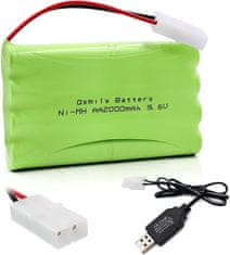 YUNIQUE GREEN-CLEAN Polnilna baterija AA 9,6 V 2000 mAh s priključkom Tamiya in polnilnim kablom USB - idealna za avtomobile, tovornjake, rezervoarje in RC čolne - 100x57x15 mm - 100 g