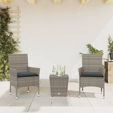 Vidaxl vidaXL 3-delni bistro komplet z blazinami, siv, poli ratan in steklo