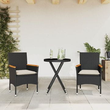 Vidaxl vidaXL 3-delni bistro komplet z blazinami, črne barve, poli ratan in steklo