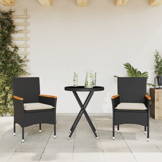 shumee Bistro garnitura 3-delna z blazinami črn poli ratan in steklo