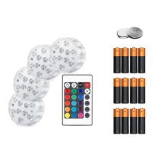 Netscroll Komplet 2v 1: 4 vodoodporne LED luči z daljinskim upravljanjem, idealne za bazene, akvarije, fontane, zabave + 12x AAA baterij visoke učinkovitosti z bonus CR2025 baterijo, GlowBundle