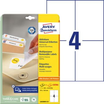 Avery Zweckform odstranljive etikete L6028REV-25, 105 x 148 mm, bele, 100 + 20 brezplačnih etiket/zavitek, A4, za tiskanje
