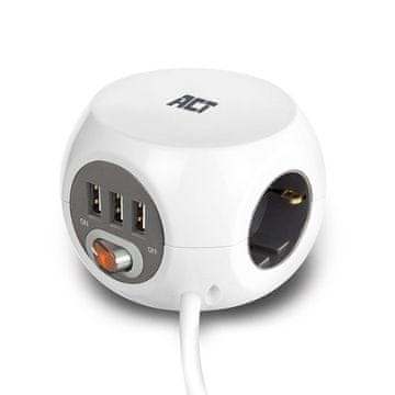 ACT AC2405 napajalna kocka 3x 220V / 3x USB A 1,5m bela