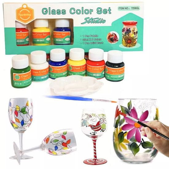 WOWO Barve za steklo, keramiko, porcelan, set za slikanje na steklu 6 barv x 25ml + paleta za slikanje s čopičem