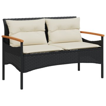Vidaxl Vrtna klop z blazinami 116x62,5x74 cm črn poli ratan
