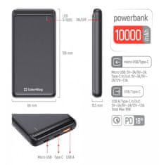 ColorWay powerbank/ 10 000 mAh/ USB QC3.0/ USB-C Power Delivery 18W/ Micro-USB/ Črna