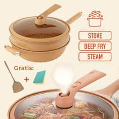Cool Mango 8 v 1 večnamenska wok ponev, idealna za praženje in kuhanje na pari, nelepljiva posoda za kuhanje, lopatka + gobica gratis, 32 cm premer – Claywok