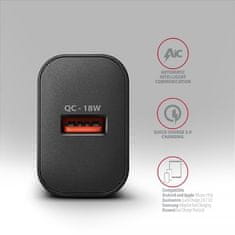 AXAGON ACU-QC18, 18W omrežni polnilnik, 1x USB-A, QC3.0/AFC/Apple, črn