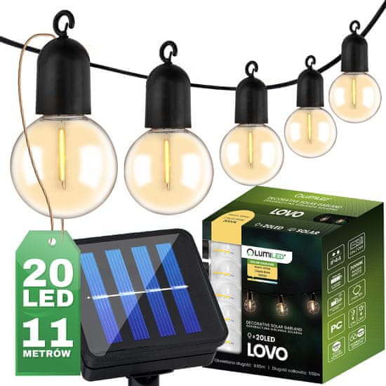 LUMILED Solarna vrtna svetilka LED svetlobna veriga 11,58m Girlanda LOVO z 20x LED okrasnimi KROGLICAMI 3000K Toplo bela