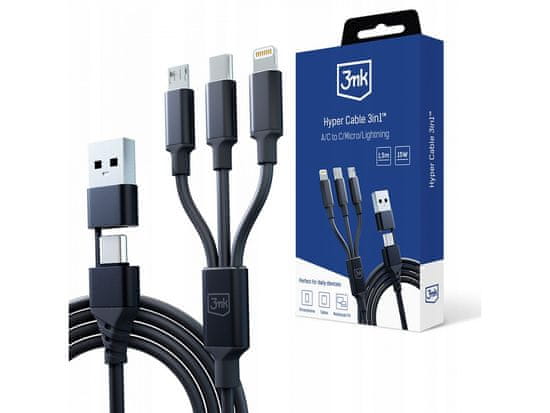 3MK 3mk Hyper Cable 3in1 Black - Kabel USB-A/USB-C do USB-C/Micro/Lightning 1.5m