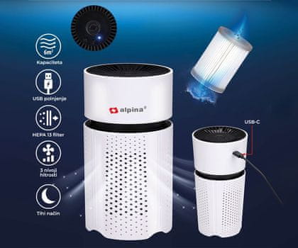  Alpina čistilec zraka, filter HEPA 13, ionizator, do 6 m2, USB-C 