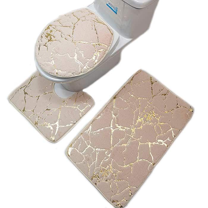 Netscroll 3-delni komplet kopalniških preprog, elegantna kopalniška preproga z marmornim motivom, mehke in udobne preproge, dve preprogi in eno pokrivalo za WC sedež, FlannelSet