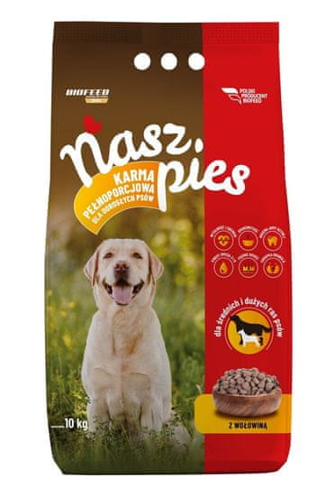 BIOFEED BIOFEED Nasz Pies suha hrana za pse srednjih in velikih pasem - govedina, 15kg, brez umetnih barvil, za odrasle pse