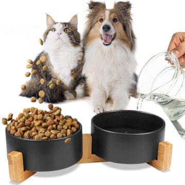 Mersjo Dvojna keramična lesena skleda za pse in mačke GERDA črna 2x400ml