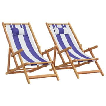 Vidaxl Zložljivi stoli za plažo 2 kosa belo in modro blago trden les