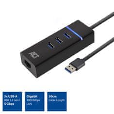ACT AC6310 USB Hub 3.2 s 3 vrati USB-A in ethernetom (RJ45) črn