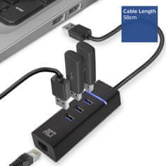 ACT AC6310 USB Hub 3.2 s 3 vrati USB-A in ethernetom (RJ45) črn
