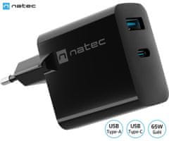 Natec Ribera GaN univerzalni polnilec, 65 W, USB-A, USB-C, črn