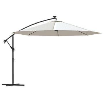 Vidaxl Previsni senčnik z LED lučmi in kovinskim drogom 350 cm peščen