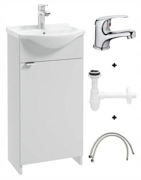 shumee Kopalniška omarica z umivalnikom 40 cm, prostostoječa, bela, s sifonom in kromirano pipo, Kredo