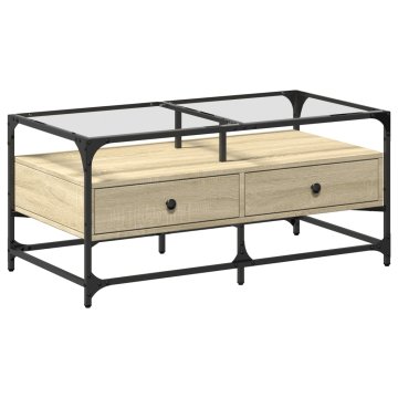 Vidaxl Klubska mizica s steklom sonoma hrast 98,5x50x45 cm jeklo